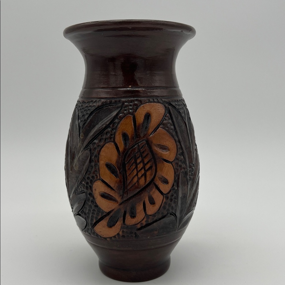 Vintage Handcrafted Korond Pottery Brown Floral Vase Transylvania ~ 7 Inches - Picture 4 of 9